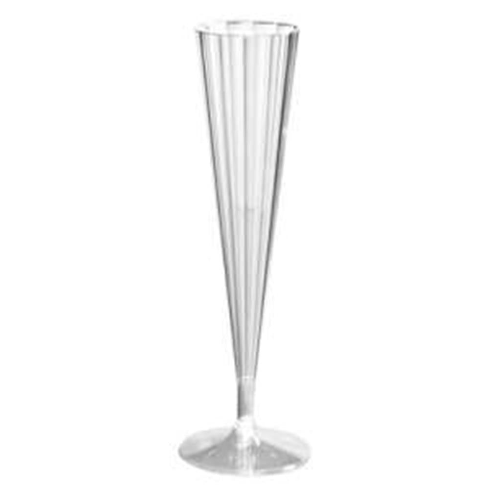 Clear 5oz plastic champagne flute with slender stem and round base.
