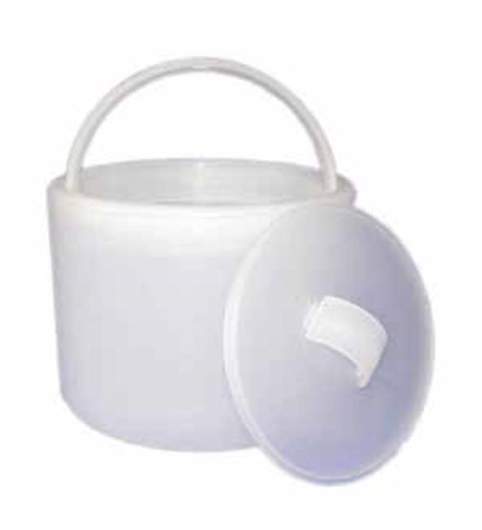 Translucent white cylindrical ice bucket with a handle and a removable lid featuring a small grip handle.