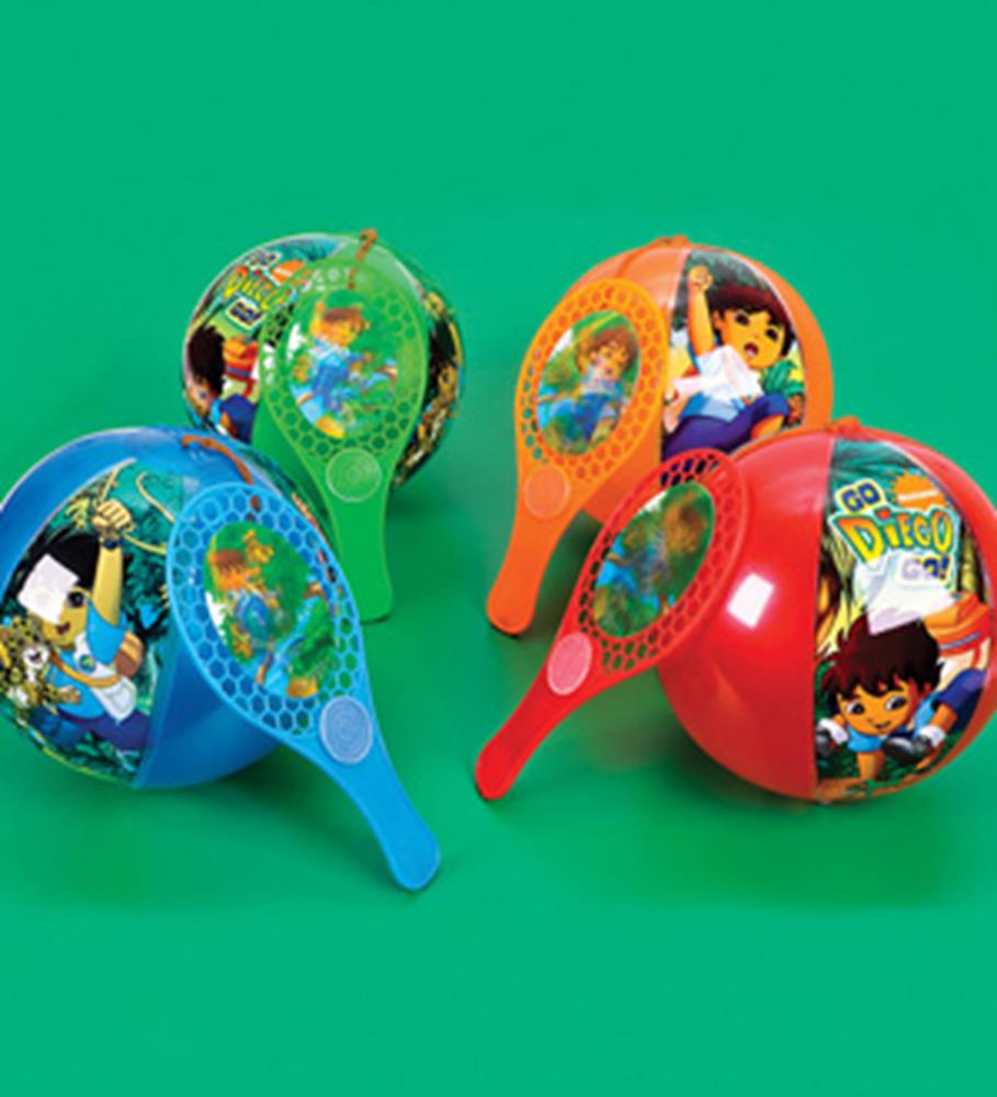 Set of two colorful plastic paddle ball rackets and matching balls with Diego animated character graphics.