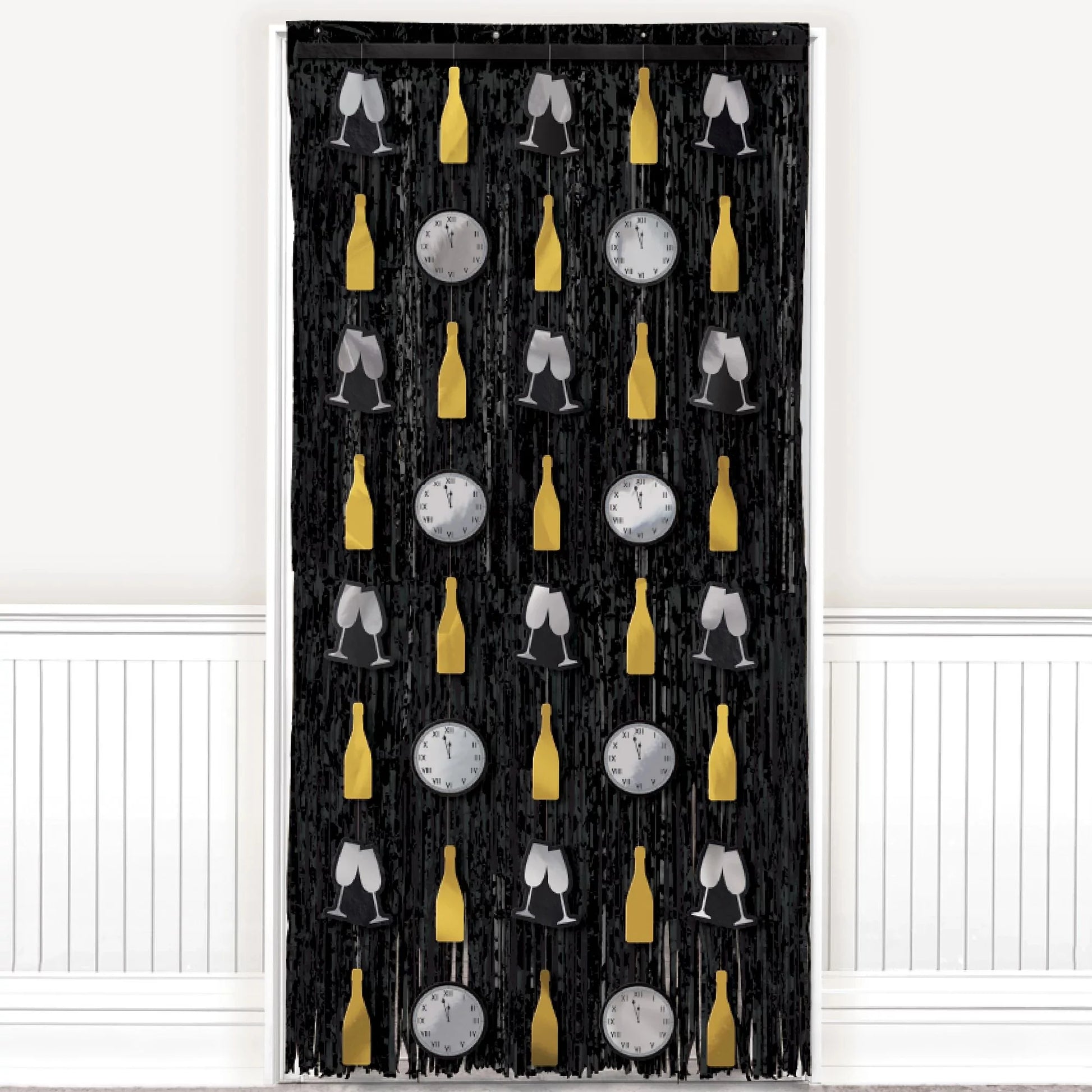 Black New Year's door curtain with gold champagne bottles, silver clocks, and white clinking champagne glasses pattern.
