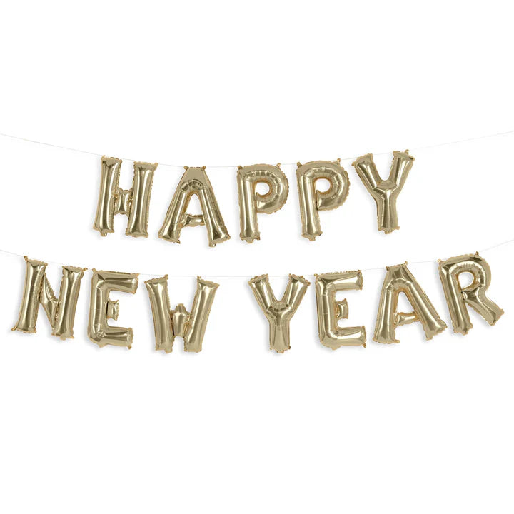 Gold metallic foil balloons spelling out "HAPPY NEW YEAR" in two rows connected by white string.