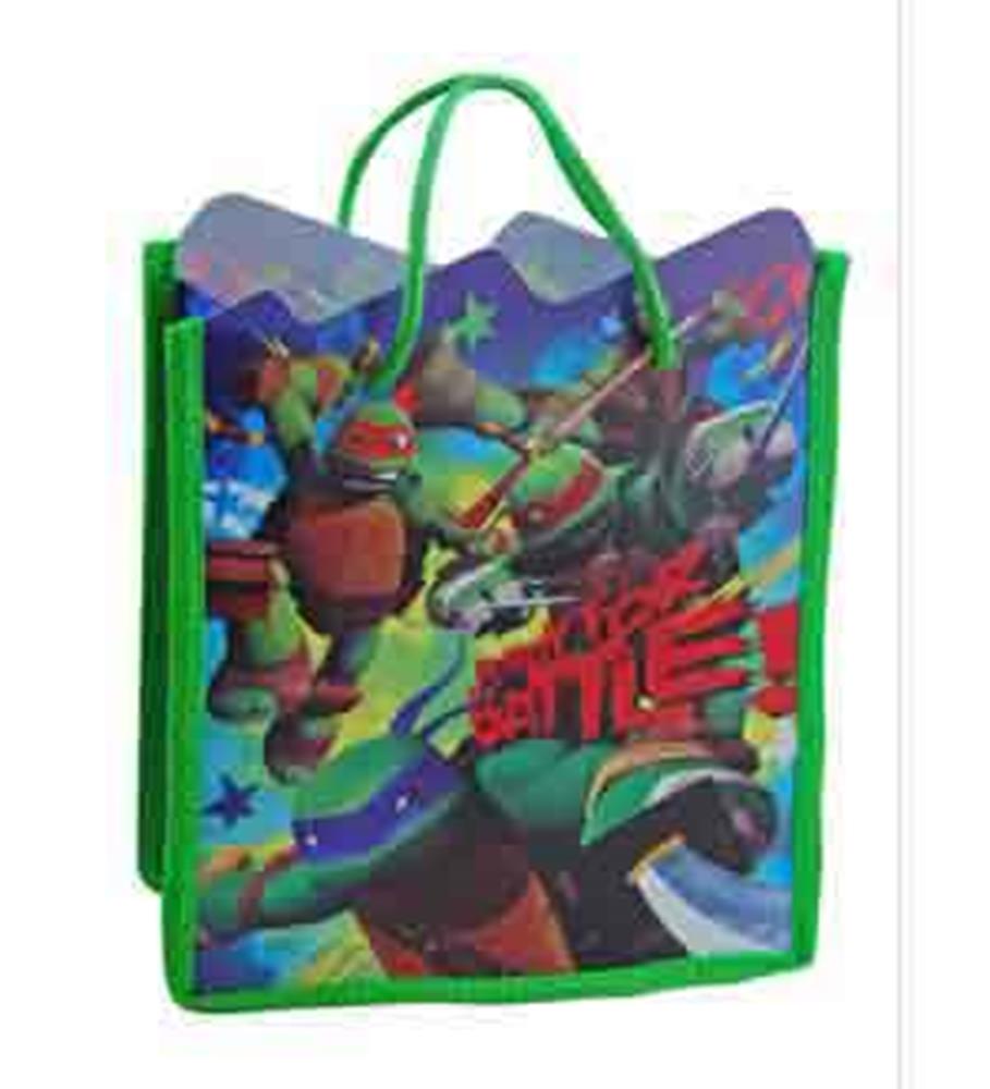 Green mini tote bag with Teenage Mutant Ninja Turtles action scene and green handles.