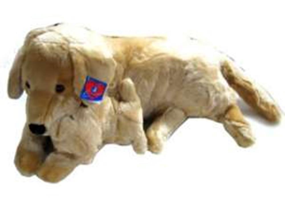 Soft plush golden retriever toy with a baby pup nestled beside it, light tan fur.