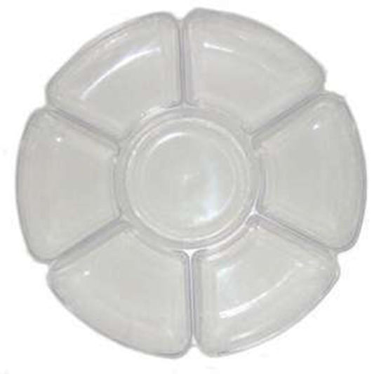 Clear round plastic serving tray with seven sections, measuring 16 inches in diameter.