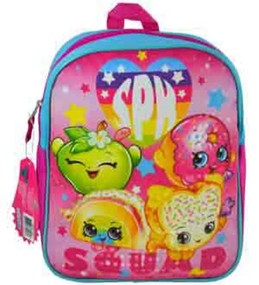 Pink and blue Shopkins mini backpack with colorful cartoon characters and star decorations, 11-inch size.