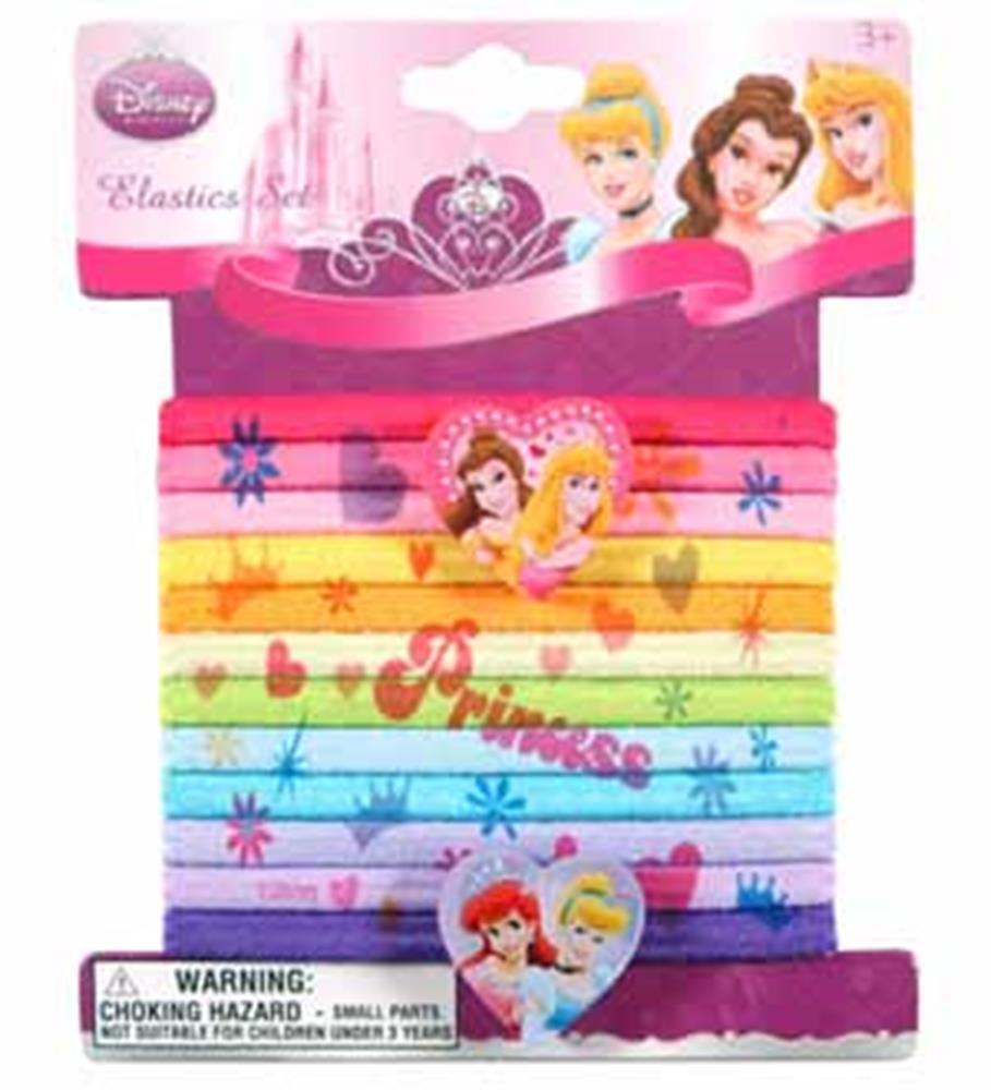 Set of colorful Disney princess-themed hair elastics featuring characters and decorative charms.
