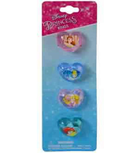 Set of four plastic rings featuring heart-shaped translucent bands in pink, blue, purple, and turquoise with colorful Disney
