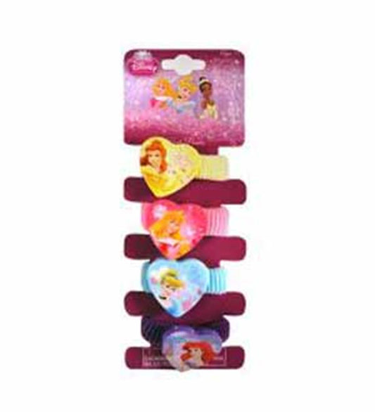 Set of four elastic hair ties with heart-shaped charms featuring Disney princesses, colors include yellow, pink, blue, and.