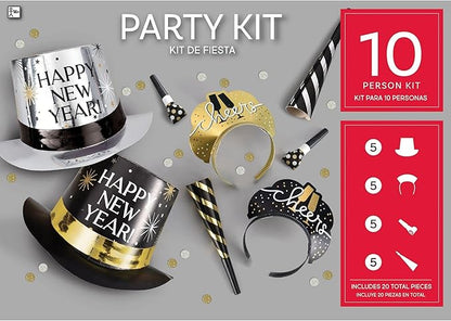 Set of 10 New Year's Eve party kits featuring black, silver, and gold top hats with "Happy New Year" text, gold and silver.