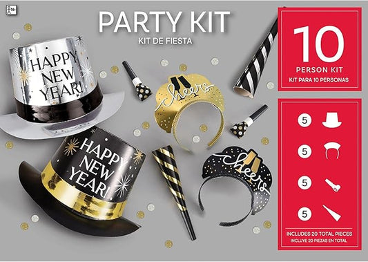 Set of 10 New Year's Eve party kits featuring black, silver, and gold top hats with "Happy New Year" text, gold and silver.