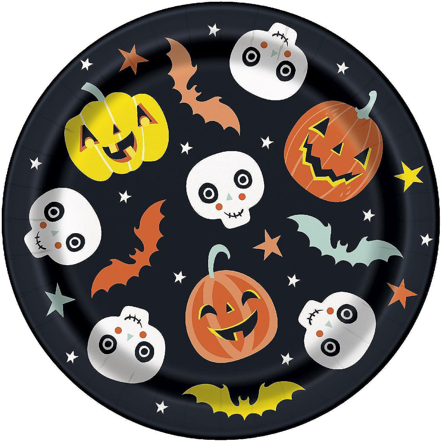 Black 7-inch round plate with pastel orange and yellow pumpkins, white skulls, and multicolored bats and stars.