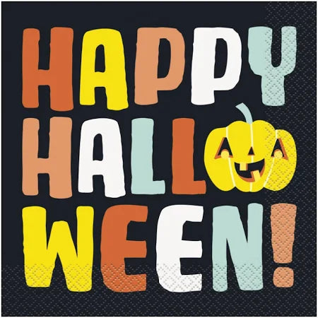 Square napkin with textured black background and colorful letters spelling "Happy Halloween!" with a pastel yellow pumpkin.