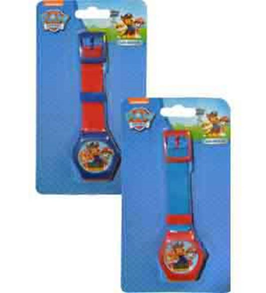 Two Paw Patrol digital watches, one with a red and blue strap and the other with a blue and red strap, each featuring a.