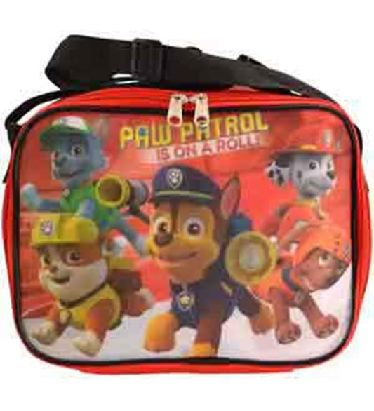 Red rectangular lunch bag with Paw Patrol characters and black adjustable shoulder strap.