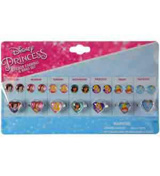 Set of colorful princess-themed stud earrings and matching rings for kids in various shapes including hearts and crowns.