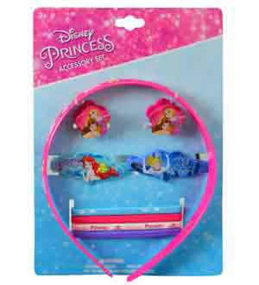 Pink plastic headband with two pairs of princess-themed hair clips featuring Ariel and Cinderella designs on colorful.
