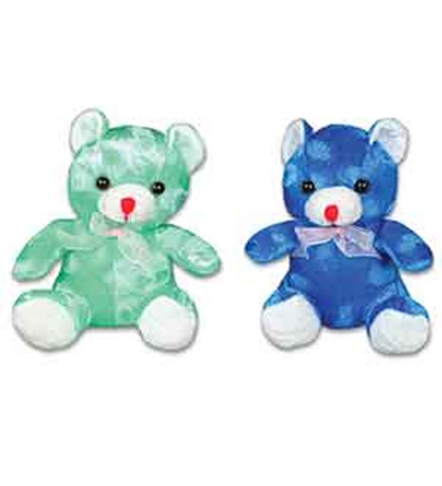 Two 6.5-inch plush teddy bears, one light green and one blue, with white paws and ears, red noses, and soft chenille fabric.