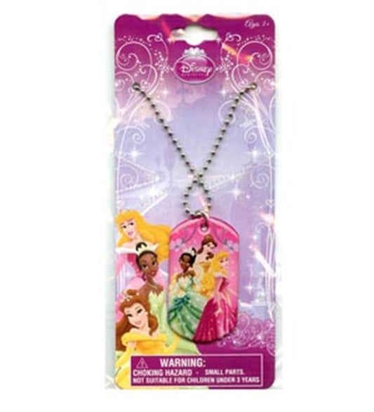 Silver metal dog tag necklace featuring colorful Disney princesses on pink background, 18-inch chain.
