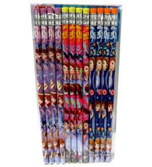 Set of 12 wooden pencils featuring colorful Disney princess designs with purple, pink, and blue backgrounds.