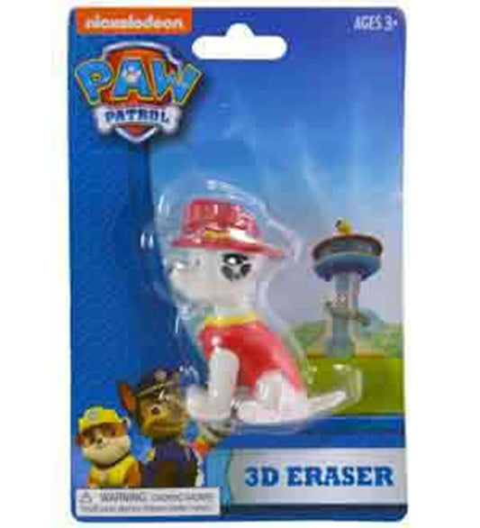 White dog-shaped eraser wearing red firefighter helmet and vest, Paw Patrol themed packaging.
