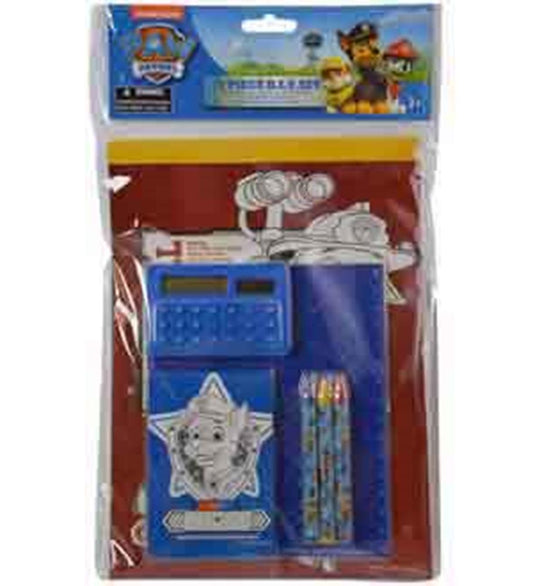 Blue Paw Patrol calculator with matching notebook and three character-print pencils in clear plastic packaging.