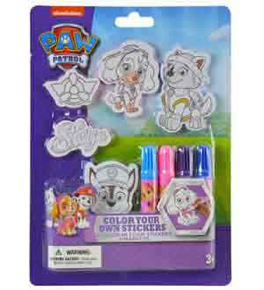 Paw Patrol color-your-own sticker set with five white outline stickers and four colorful markers in blue, black, pink, and.