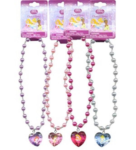 Sets of four 16-inch plastic pearl necklaces in purple, pink, red, and silver, each with a heart-shaped pendant featuring.