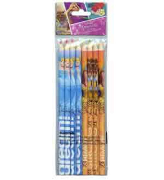Set of eight Disney Princess colored pencils featuring blue and orange barrels with princess character designs.