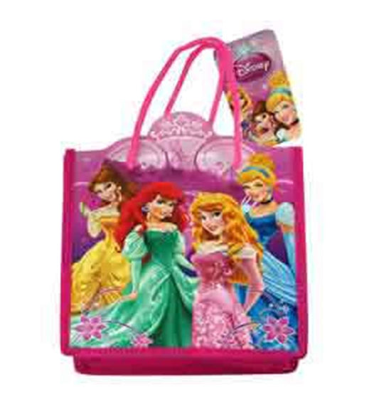 Pink square mini tote bag featuring Disney princesses Belle, Ariel, Aurora, and Cinderella with floral accents and twin.