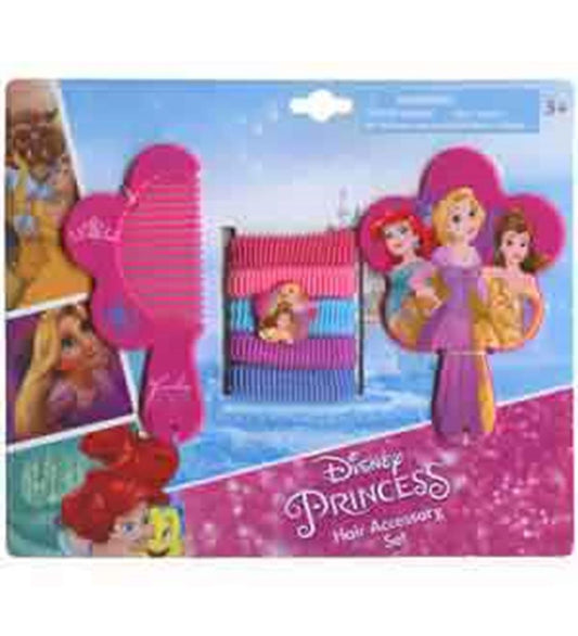 Pink plastic comb with princess handle, mirror with princess images, and pink elastic hair bands in Disney Princess-themed.