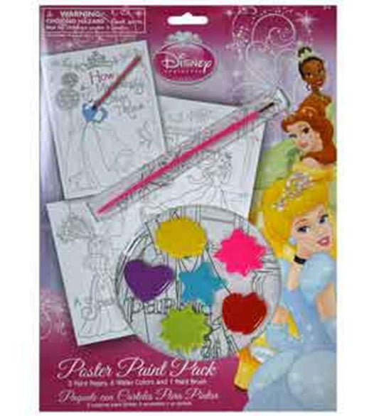 Disney Princess Paint Your Own Poster set with five black-and-white princess posters, six colorful paints, and two.