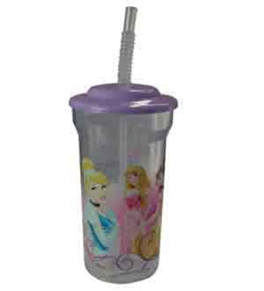 Clear plastic 16oz sports tumbler with purple lid and straw, featuring Disney princesses on the side.