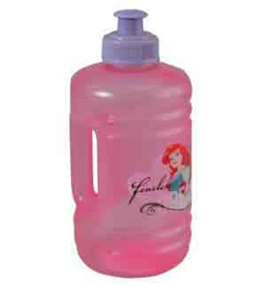 Pink translucent plastic water jug with handle and purple flip-top lid, featuring Ariel from Disney Princesses.