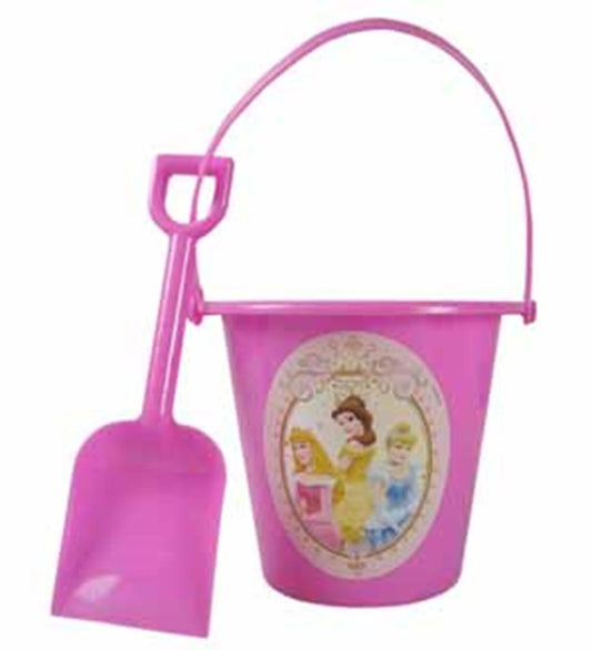 Pink plastic sand bucket with princess illustration and matching shovel with handle.