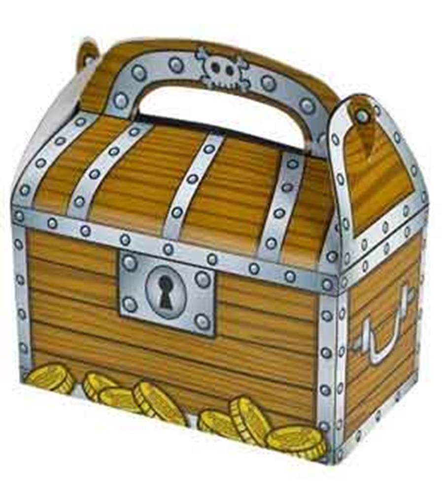 Small cardboard treat box shaped like a wooden treasure chest with metal accents, a skull emblem, and gold coins at the base.