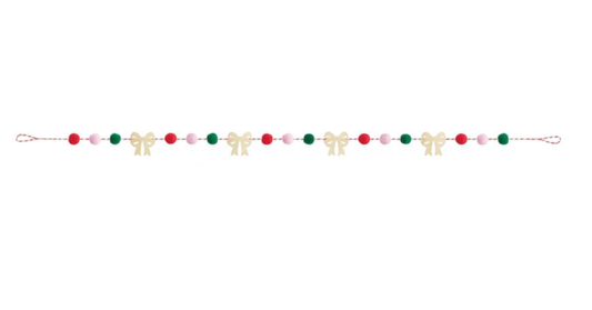 7ft garland with red and green felt pom poms and beige felt bows, vintage Christmas style.
