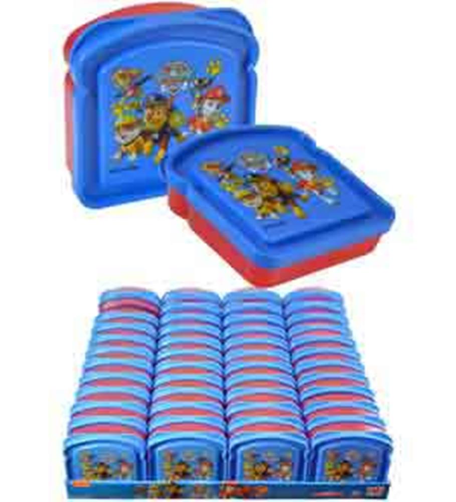 Blue and red plastic sandwich container with Paw Patrol character design on lid.