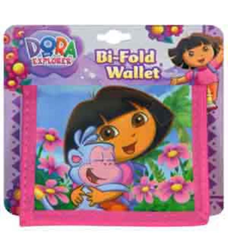 Pink bi-fold wallet made of non-woven material featuring Dora the Explorer and a monkey with floral background.