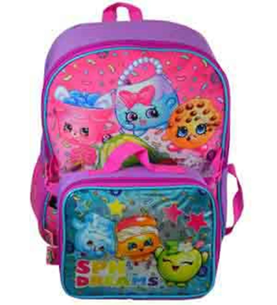 Pink and purple lunch kit backpack with colorful Shopkins characters and green handle.