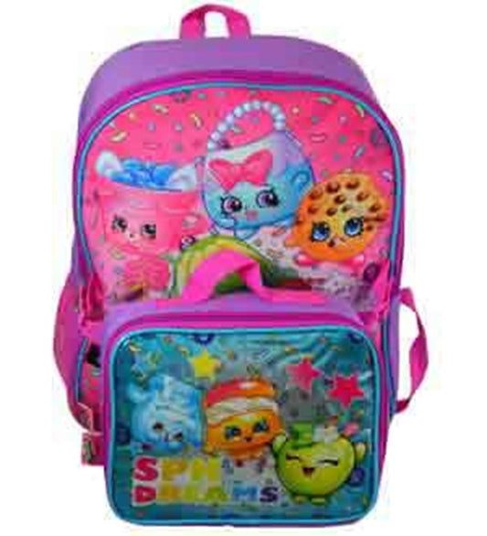 Pink and purple lunch kit backpack with colorful Shopkins characters and green handle.