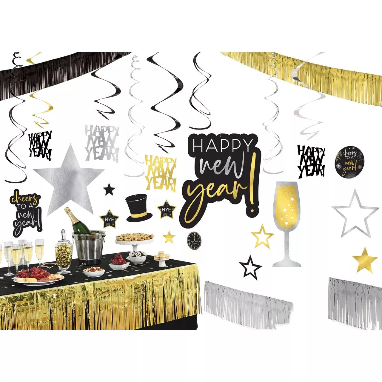 New Year's Eve party kit with black, silver, and gold hanging swirls, foil fringe curtains, celebratory cutouts, and.