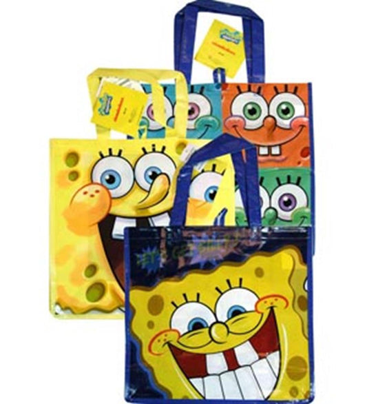 Colorful non-woven tote bags featuring large cartoon faces of SpongeBob SquarePants with blue or yellow handles.
