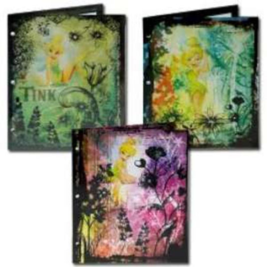 Three Tinkerbell-themed folders with colorful fairy designs, featuring green, yellow, orange, and purple backgrounds and.