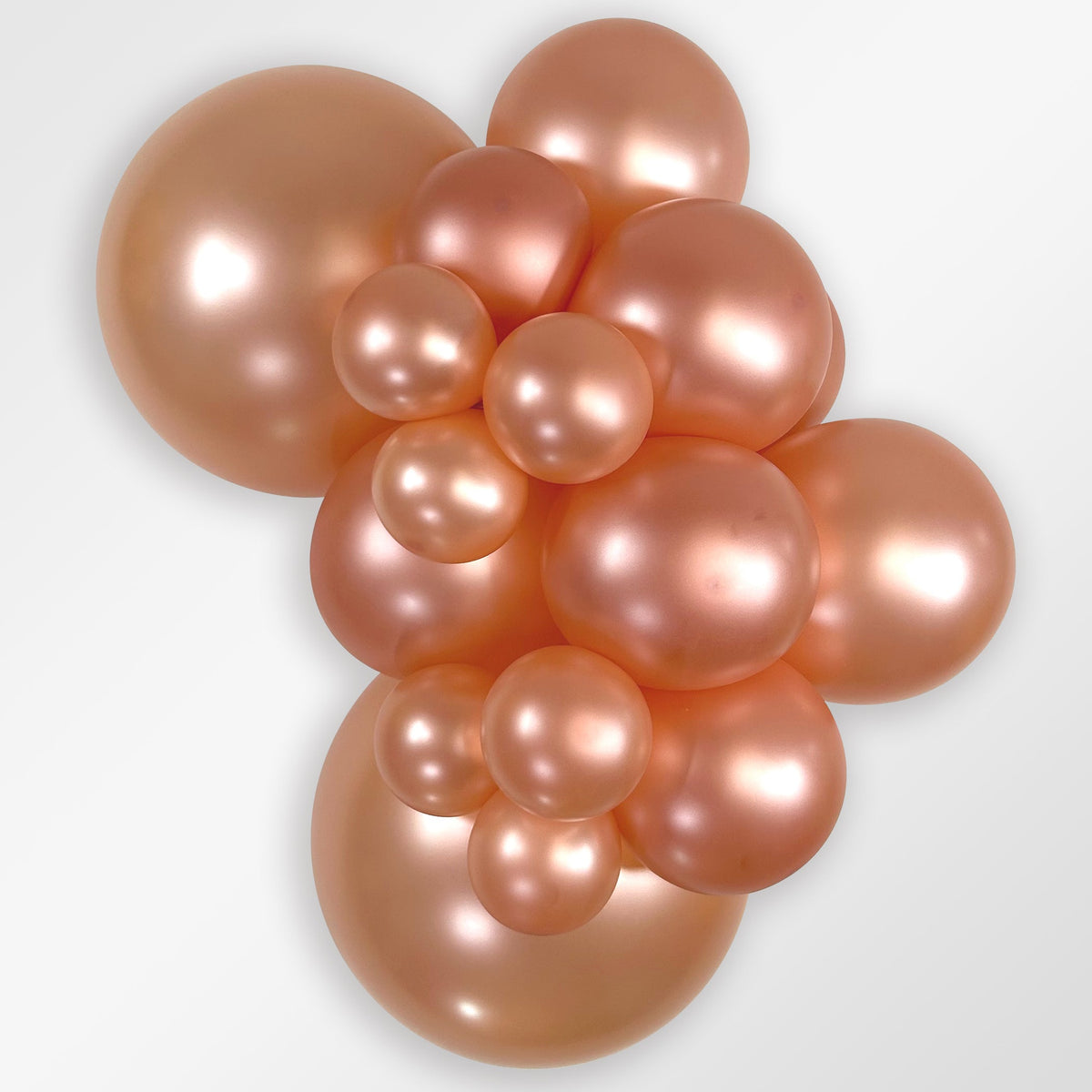 Sempertex Metallic Rose Gold latex balloon color cluster showing the shade across multiple balloon sizes