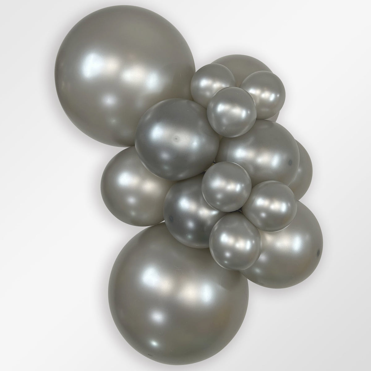 Sempertex Metallic Silver latex balloon color cluster showing the shade across multiple balloon sizes