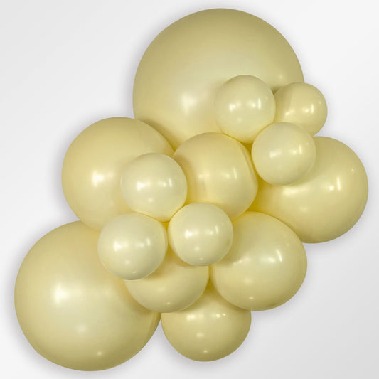 Sempertex Pastel Matte Yellow latex balloon color cluster showing the shade across multiple balloon sizes