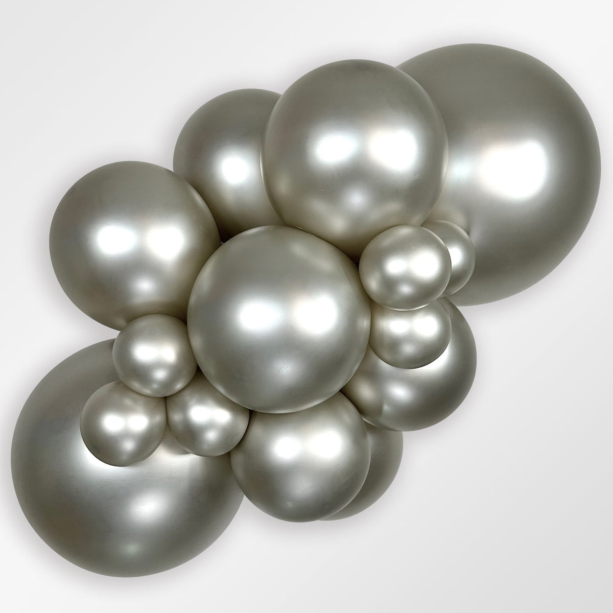 Sempertex Reflex Silver latex balloon color cluster showing the shade across multiple balloon sizes