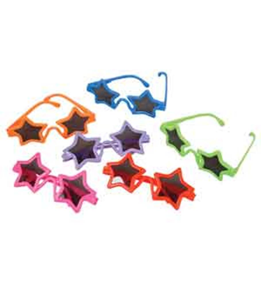 Colorful star-shaped plastic sunglasses for kids in orange, blue, green, pink, purple, and red.