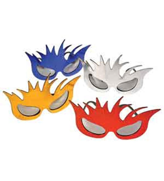 Set of four prism mask party glasses in blue, silver, yellow, and red with sharp, flame-like edges and mirrored lenses.
