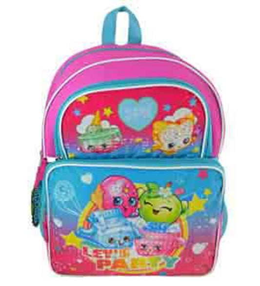 Pink and blue Shopkins Cargo backpack with colorful cartoon character prints and front zippered pocket.